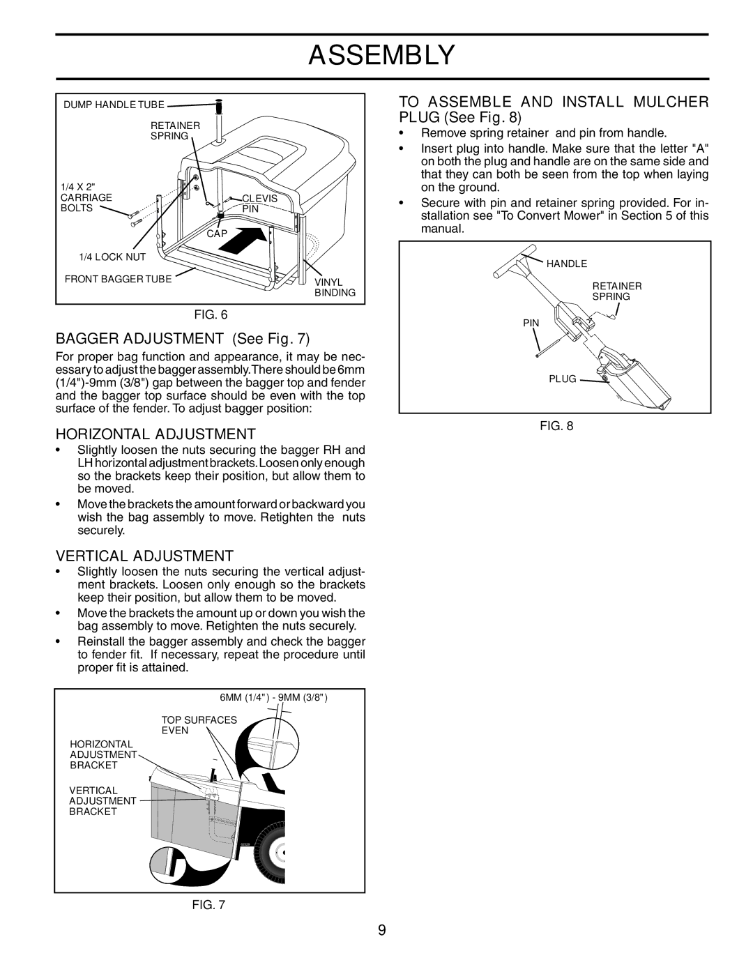 Husqvarna CTH151 XP To Assemble and Install Mulcher Plug See Fig, Bagger Adjustment See Fig, Horizontal Adjustment 