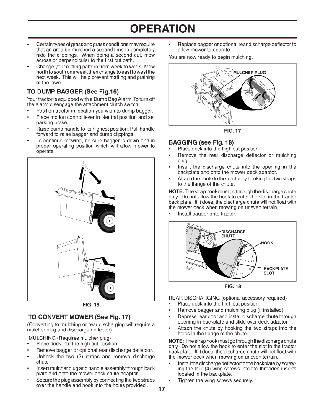 Husqvarna CTH151 owner manual To Dump Bagger See, To Convert Mower See Fig, Bagging see Fig 