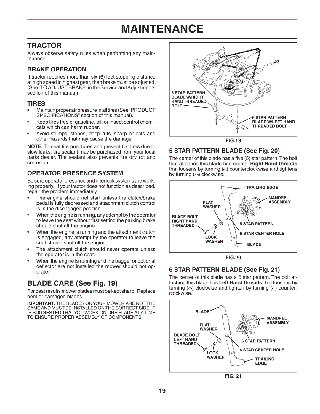 Husqvarna CTH151 owner manual Tractor, Brake Operation, Tires, Operator Presence System, Star Pattern Blade See Fig 