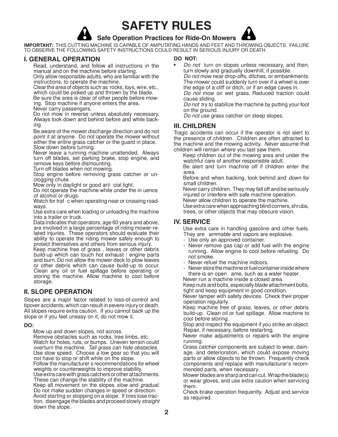 Husqvarna CTH151 owner manual Safety Rules, General Operation, II. Slope Operation, III. Children, IV. Service 