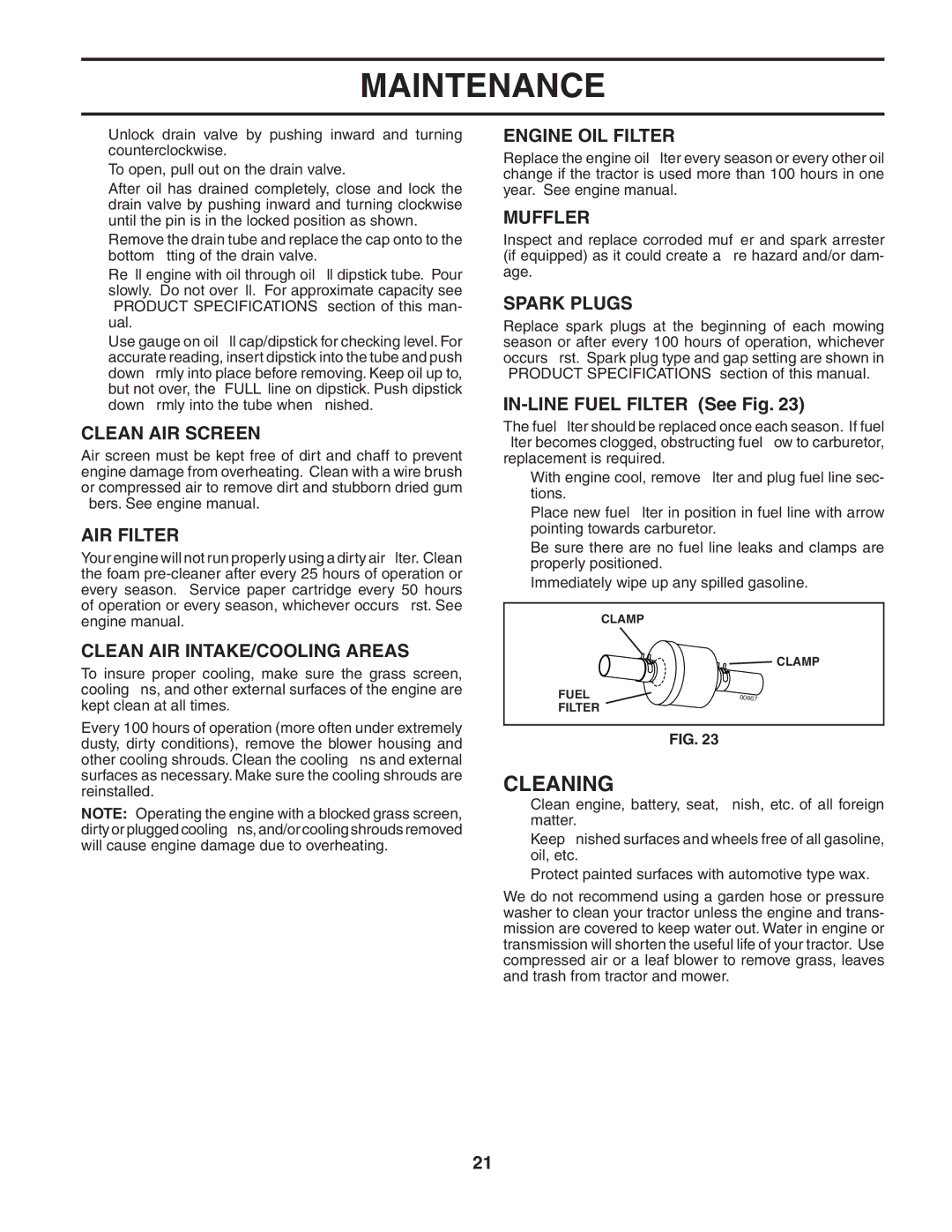 Husqvarna CTH151 owner manual Cleaning 