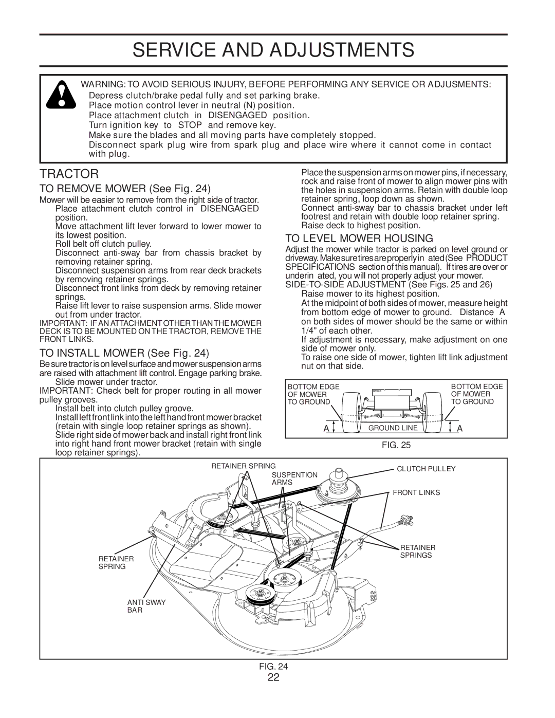 Husqvarna CTH151 Service and Adjustments, To Remove Mower See Fig, To Install Mower See Fig, To Level Mower Housing 