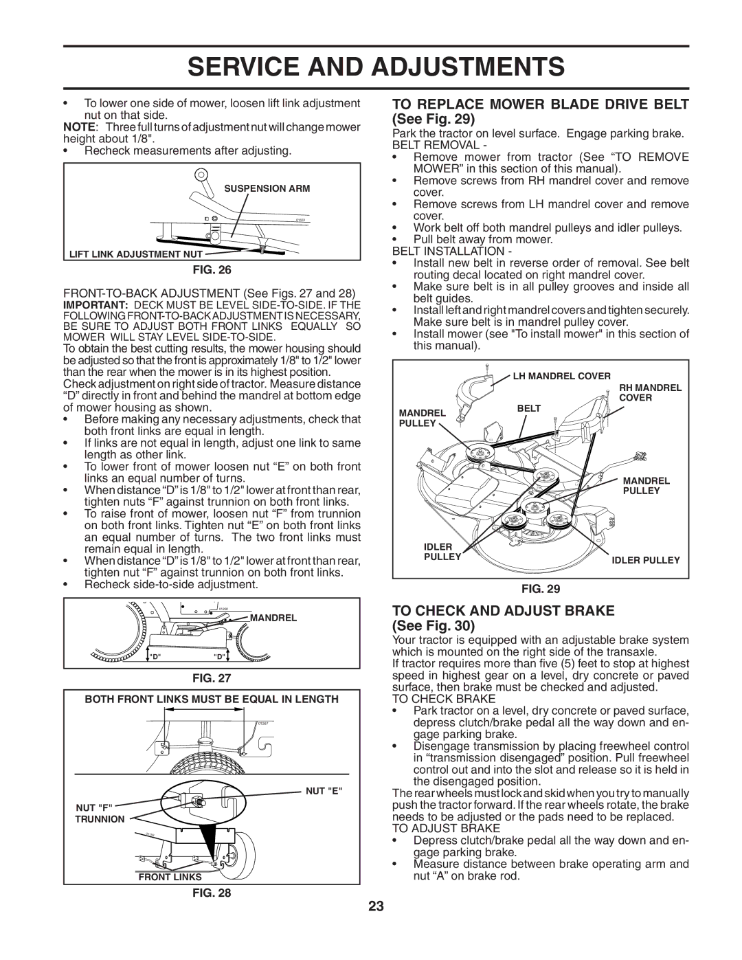 Husqvarna CTH151 owner manual To Replace Mower Blade Drive Belt See Fig, To Check and Adjust Brake See Fig 