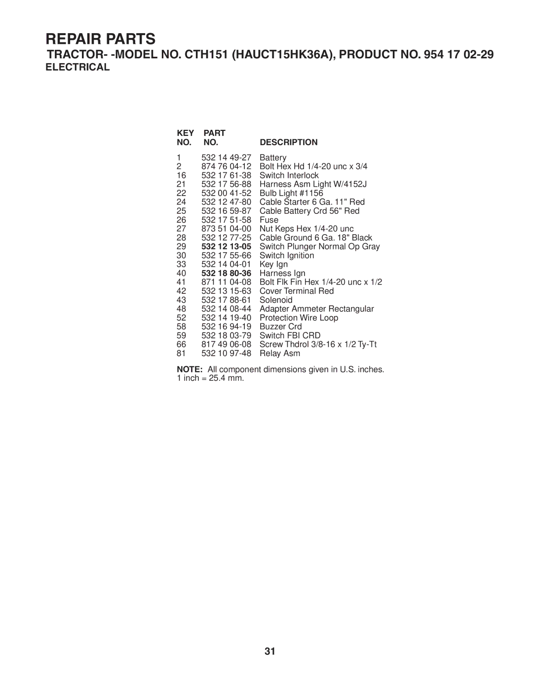 Husqvarna CTH151 owner manual KEY Part Description 