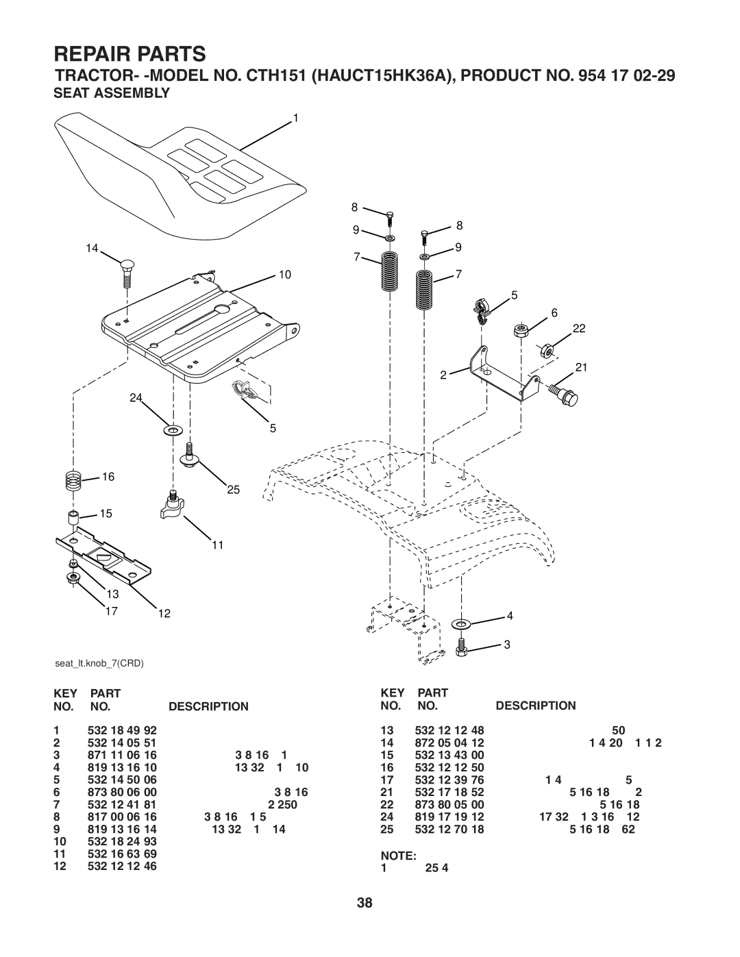 Husqvarna CTH151 owner manual Seat Assembly, 532 18 Seat 