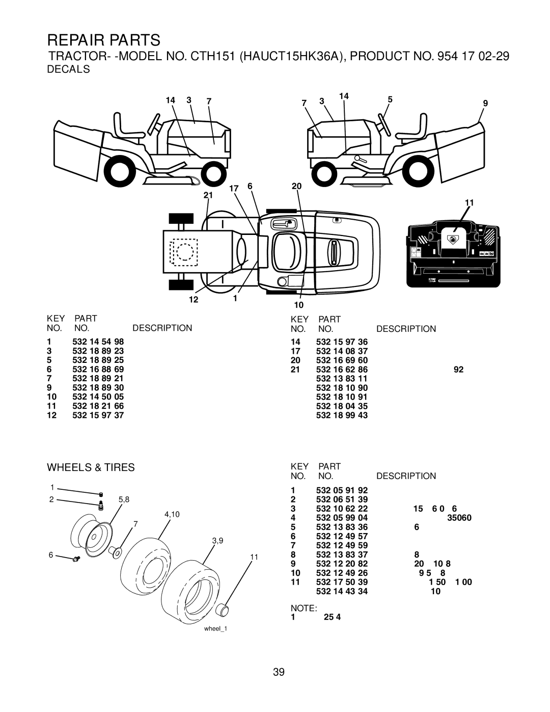 Husqvarna CTH151 owner manual Decals, Wheels & Tires 