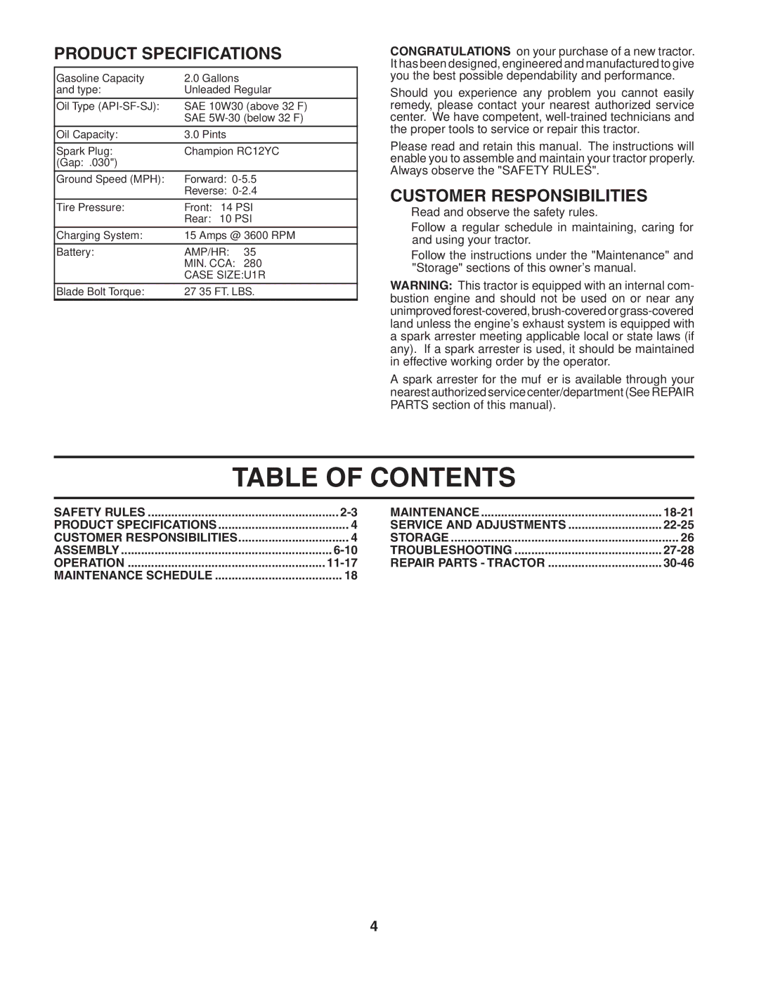 Husqvarna CTH151 owner manual Table of Contents 