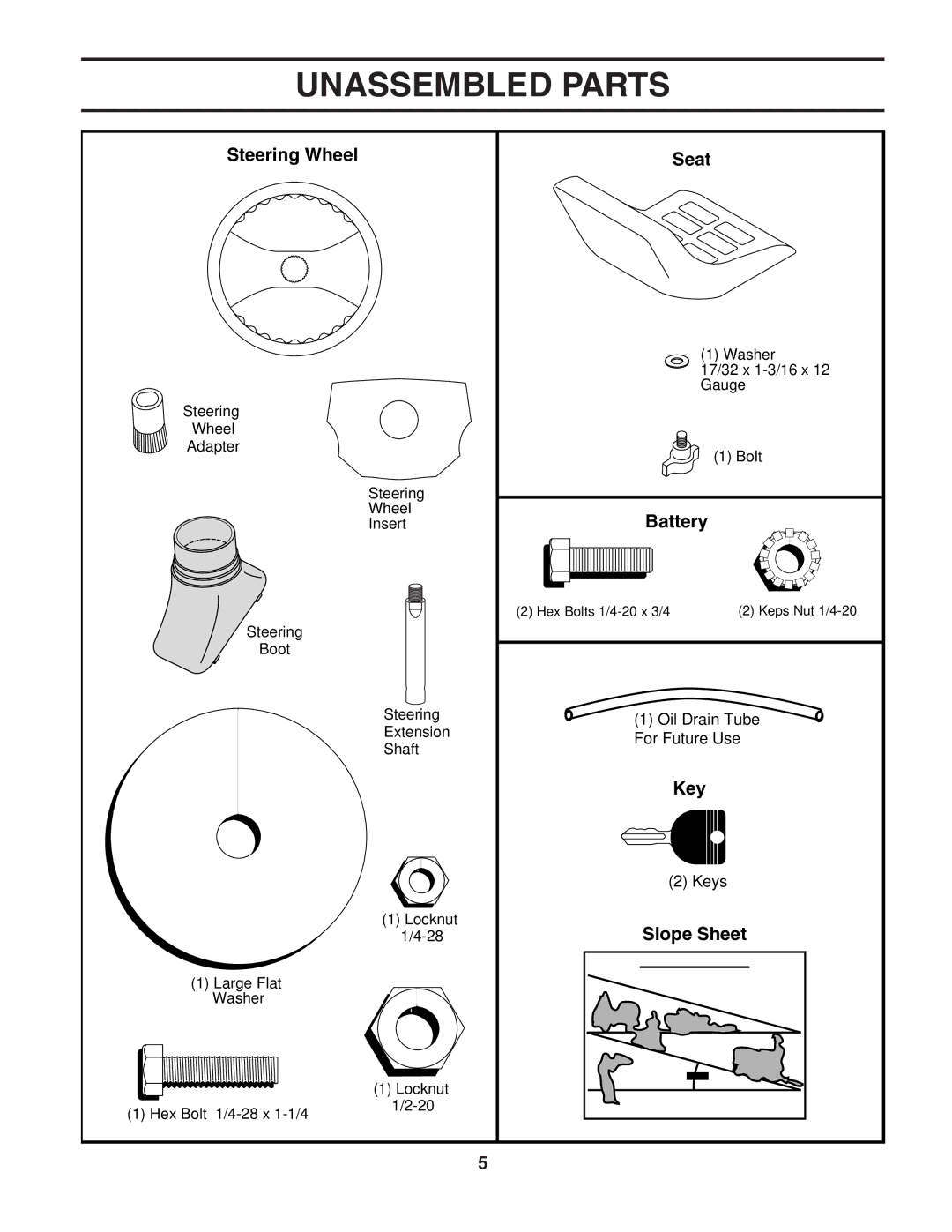 Husqvarna CTH151 owner manual Unassembled Parts, Steering Wheel Seat, Battery, Key, Slope Sheet 