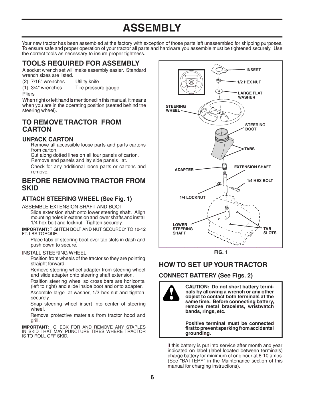 Husqvarna CTH151 Tools Required for Assembly, To Remove Tractor from Carton, Before Removing Tractor from Skid 