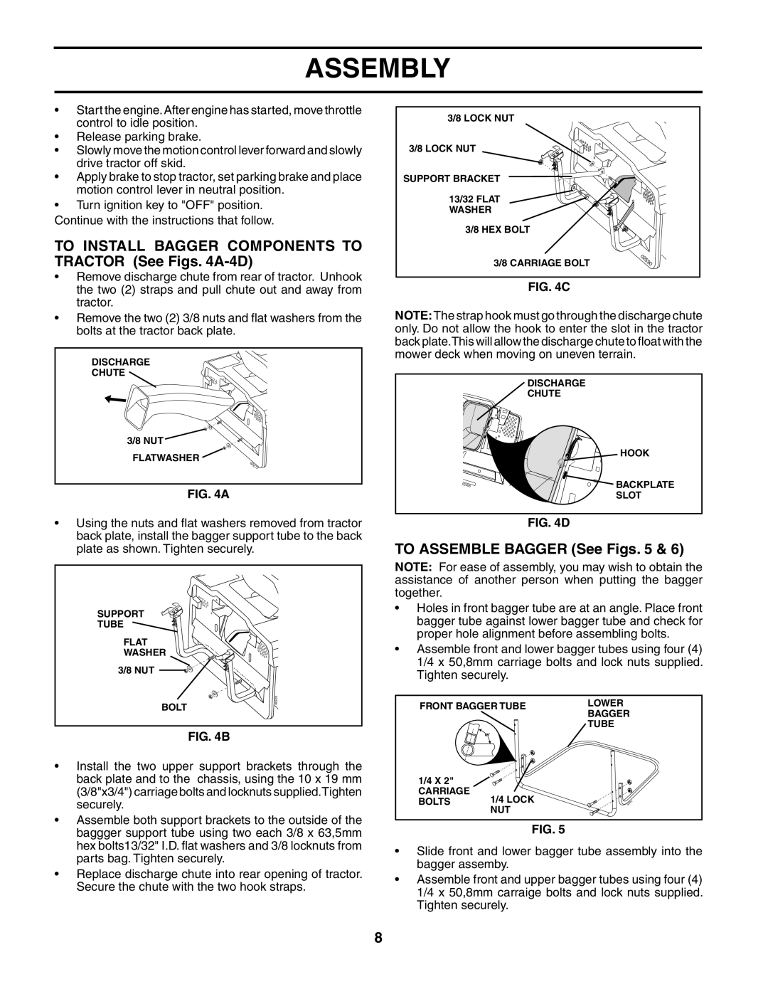 Husqvarna CTH151 owner manual To Install Bagger Components to Tractor See Figs A-4D, To Assemble Bagger See Figs 