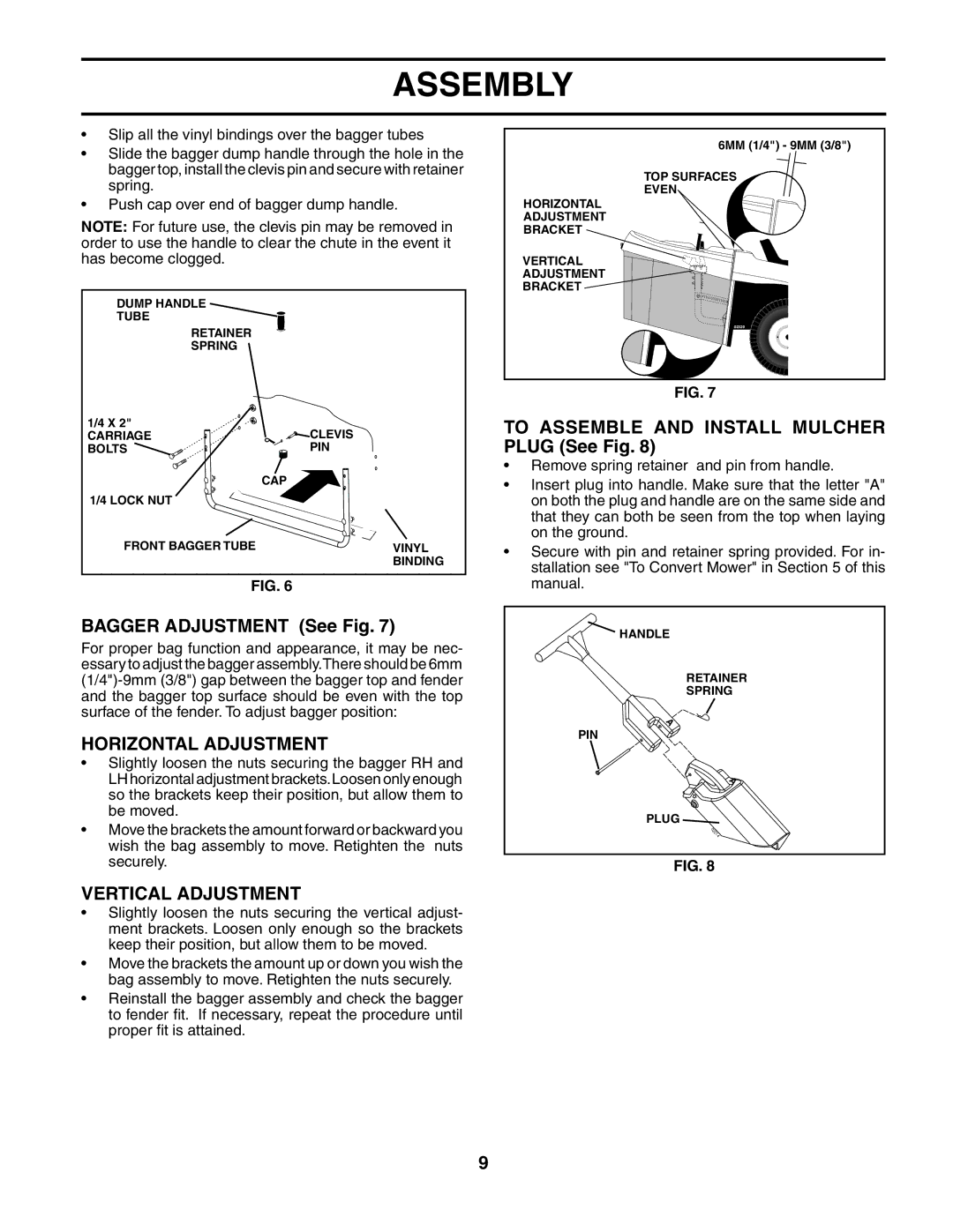 Husqvarna CTH151 owner manual Bagger Adjustment See Fig, Horizontal Adjustment, Vertical Adjustment 