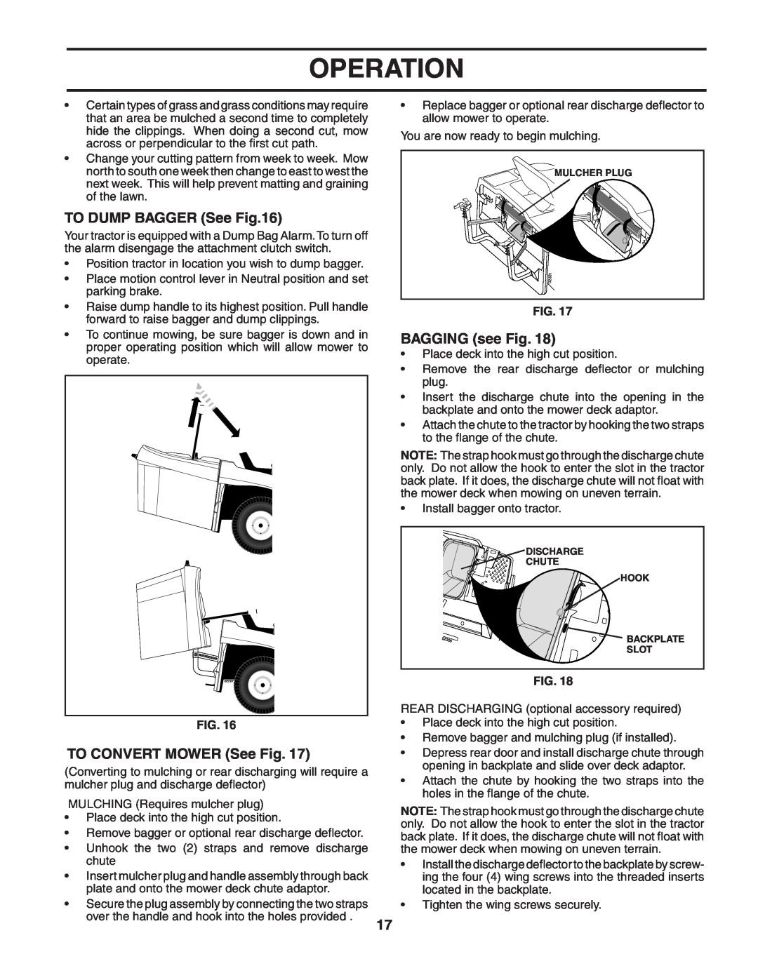 Husqvarna CTH151 owner manual TO DUMP BAGGER See, TO CONVERT MOWER See Fig, BAGGING see Fig, Operation 