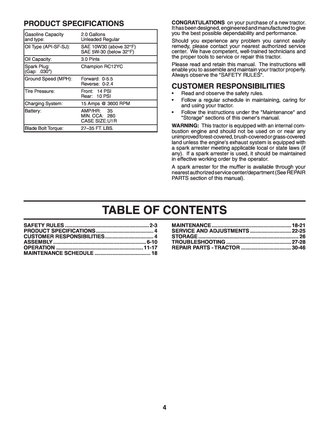 Husqvarna CTH151 owner manual Table Of Contents, Product Specifications, Customer Responsibilities 
