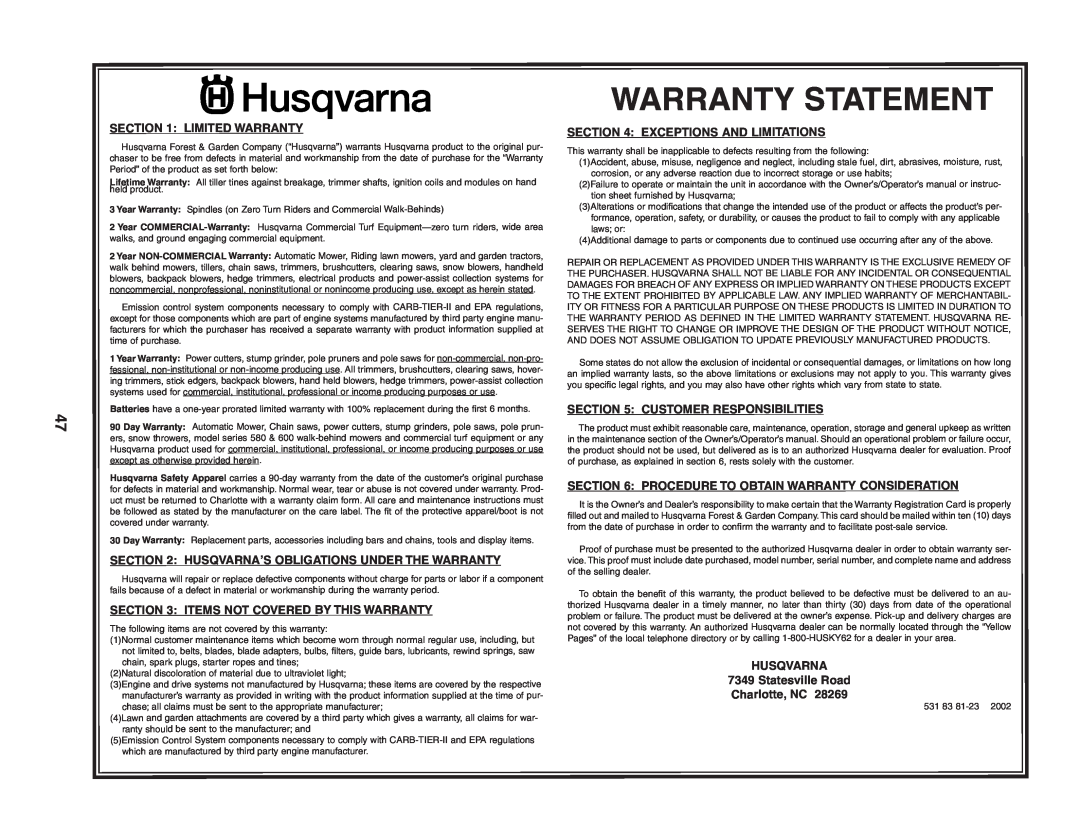 Husqvarna CTH151 Warranty Statement, Limited Warranty, Items Not Covered By This Warranty, Exceptions And Limitations 
