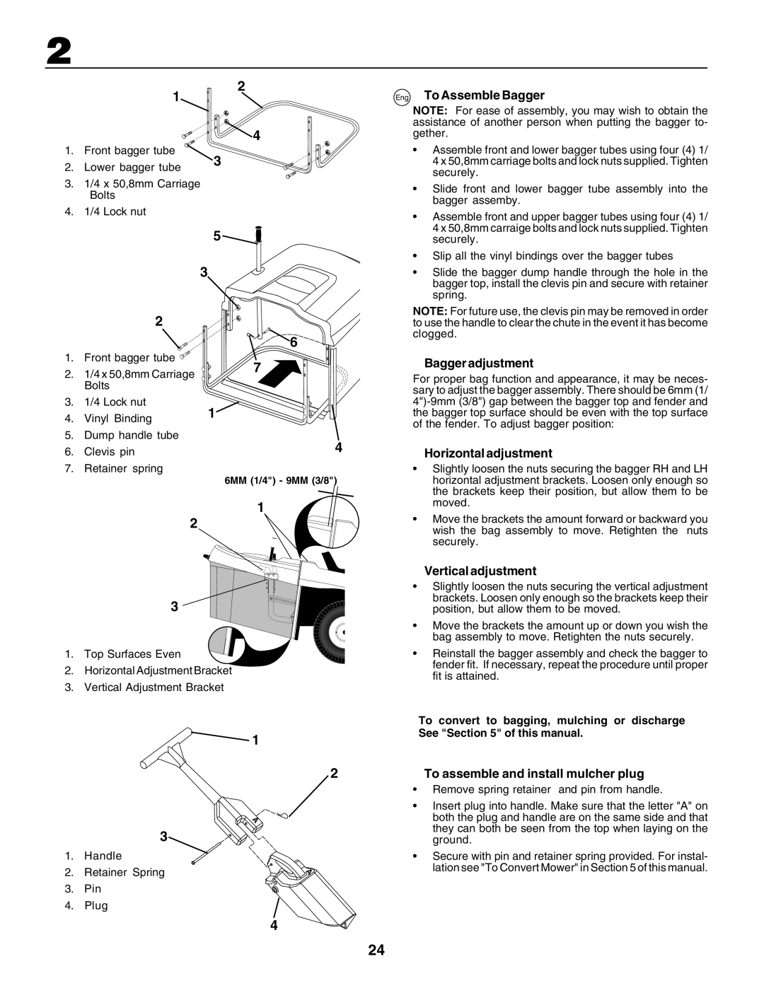 Husqvarna CTH155 instruction manual Eng To Assemble Bagger, Bagger adjustment, Horizontal adjustment, Vertical adjustment 