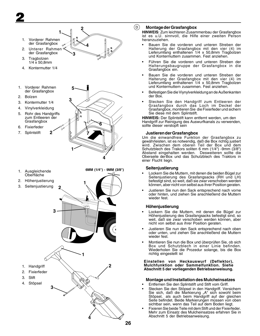 Husqvarna CTH155 instruction manual Montage der Grasfangbox, Justieren der Grasfangbox, Seitenjustierung, Höhenjustierung 