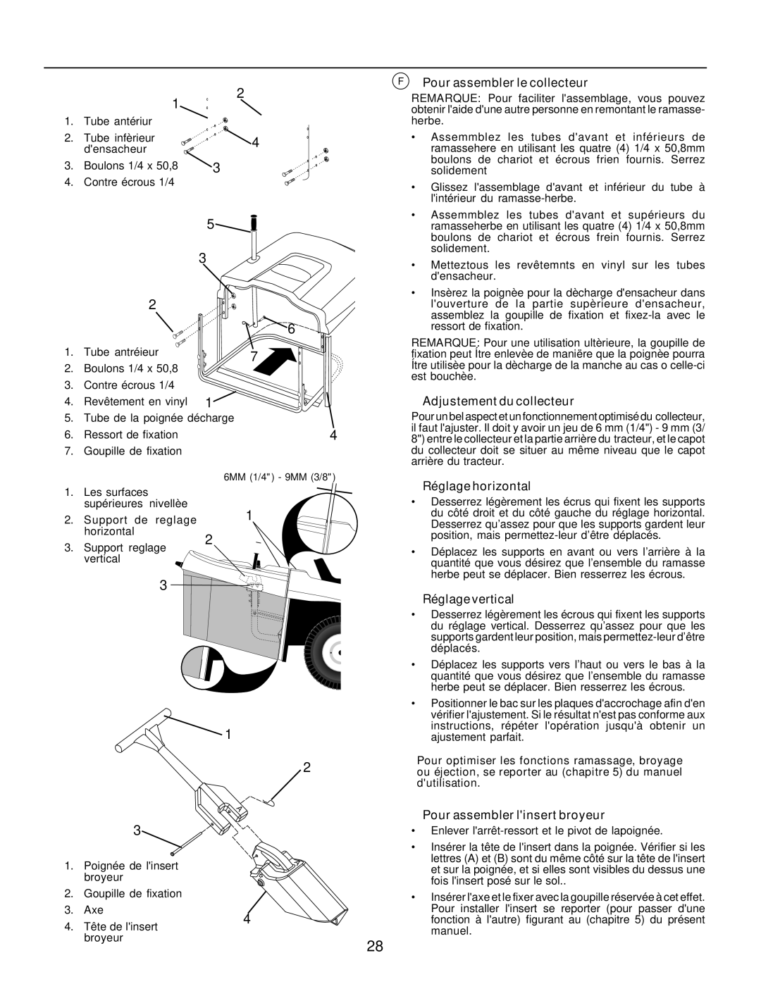 Husqvarna CTH155 Pour assembler le collecteur, Adjustement du collecteur, Réglage horizontal, Réglage vertical 