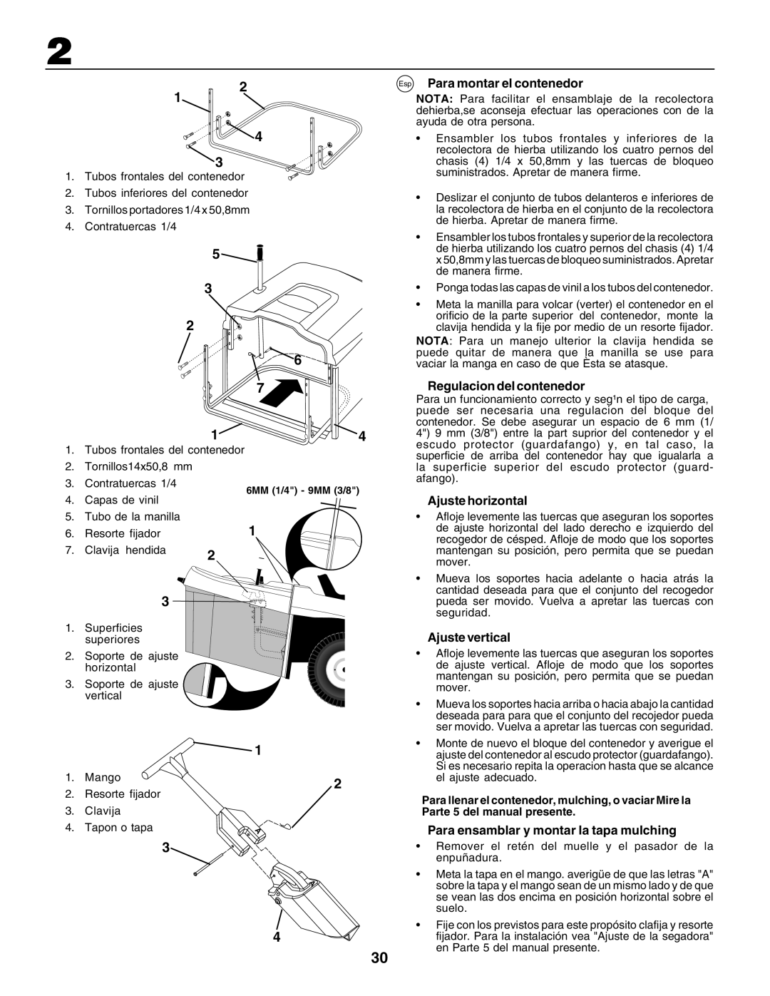 Husqvarna CTH155 Esp Para montar el contenedor, Regulacion del contenedor, Ajuste horizontal, Ajuste vertical 