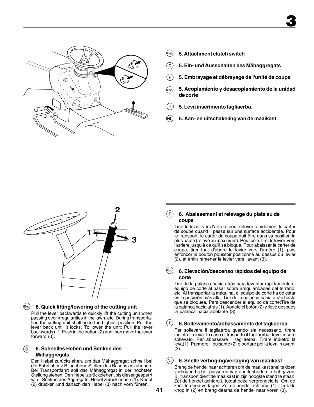 Husqvarna CTH155 Eng 6. Quick lifting/lowering of the cutting unit, Schnelles Heben und Senken des Mähaggregats, Corte 