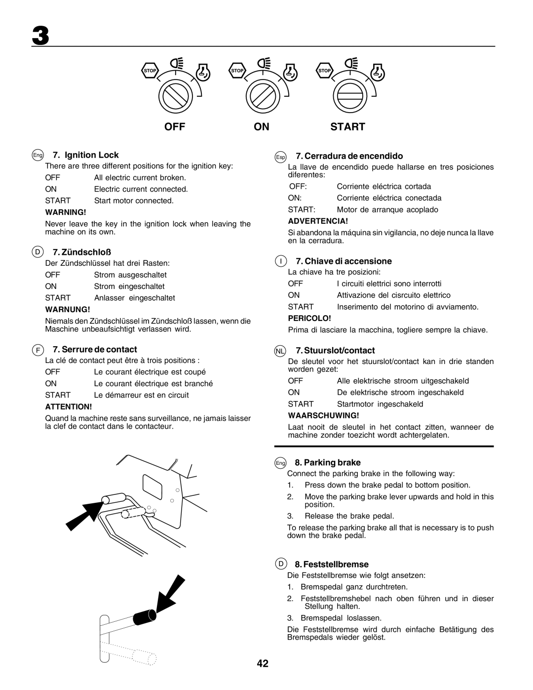 Husqvarna CTH155 Eng 7. Ignition Lock, Esp 7. Cerradura de encendido, Zündschloß, Serrure de contact, Chiave di accensione 