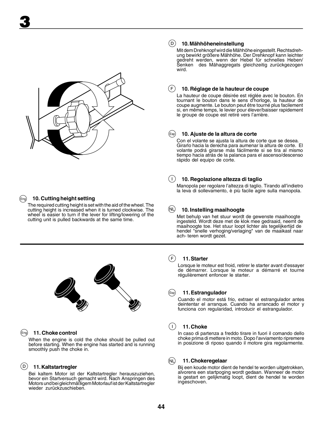 Husqvarna CTH155 Eng 10. Cutting height setting, 10. Mähhöheneinstellung, 10. Réglage de la hauteur de coupe, Choke 