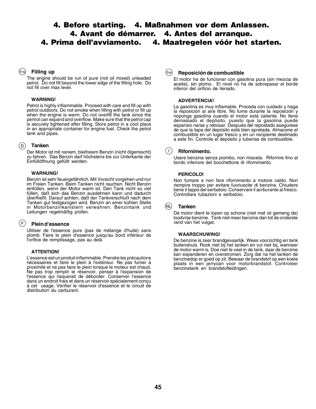 Husqvarna CTH155 Eng Filling up, Plein d’essence, Esp Reposición de combustible, Rifornimento, NL Tanken 