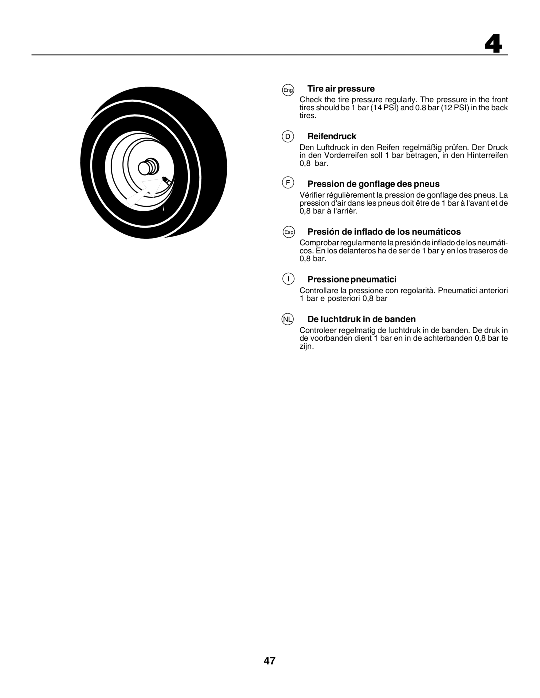 Husqvarna CTH155 Eng Tire air pressure, Reifendruck, Pression de gonflage des pneus, Pressione pneumatici 