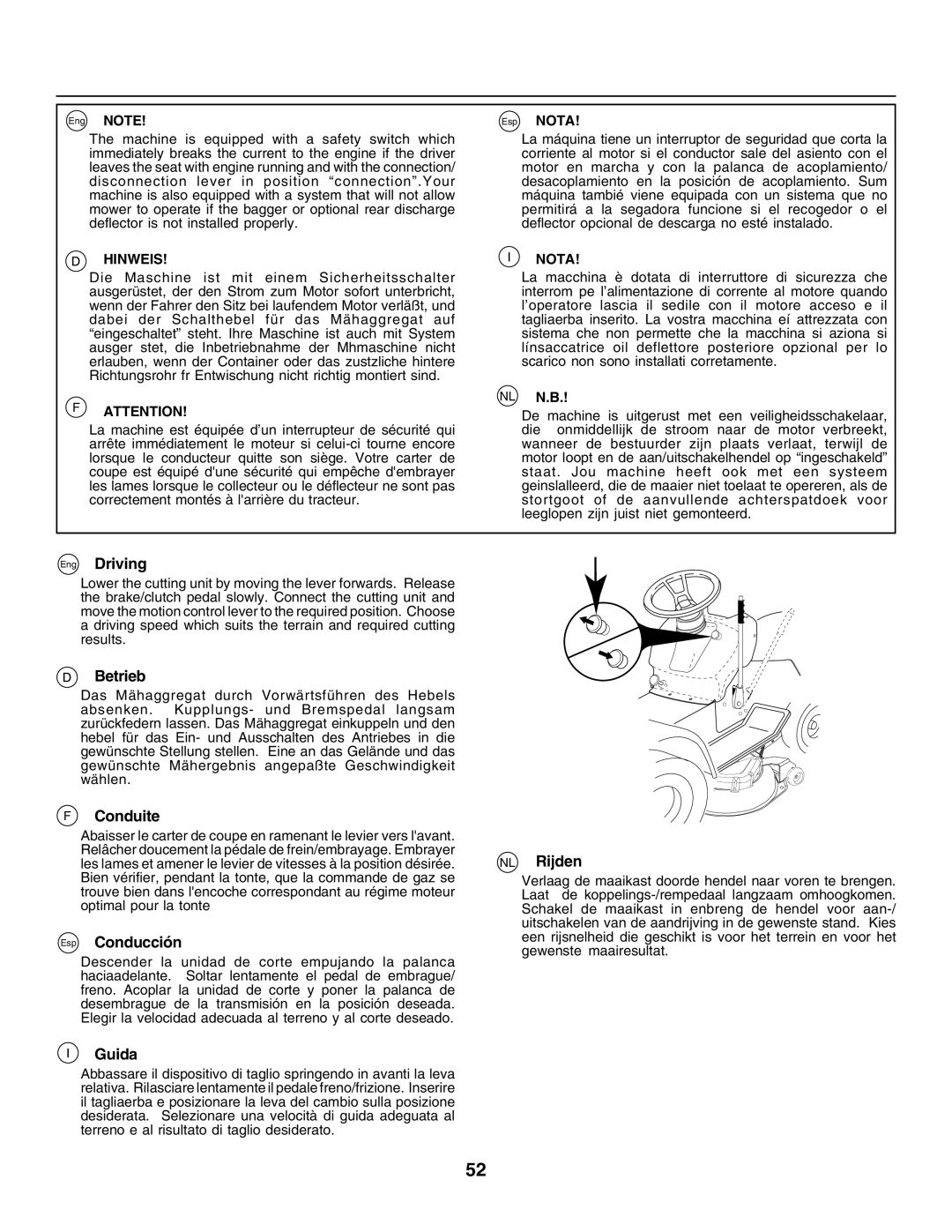 Husqvarna CTH155 instruction manual Eng Driving, Betrieb, Conduite, Esp Conducción, NL Rijden, Guida 