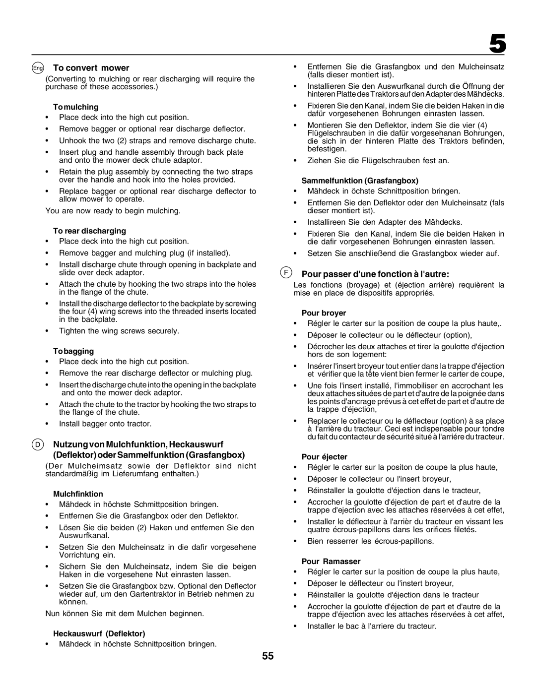 Husqvarna CTH155 instruction manual Eng To convert mower, Pour passer dune fonction à lautre 