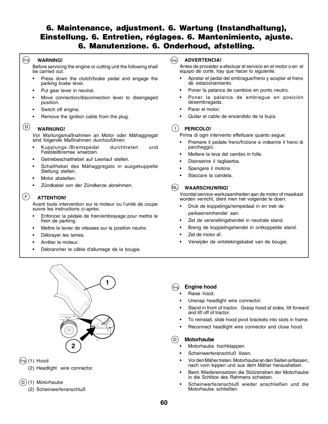 Husqvarna CTH155 instruction manual Eng Engine hood, Motorhaube hochklappen Scheinwerferanschluß lösen 