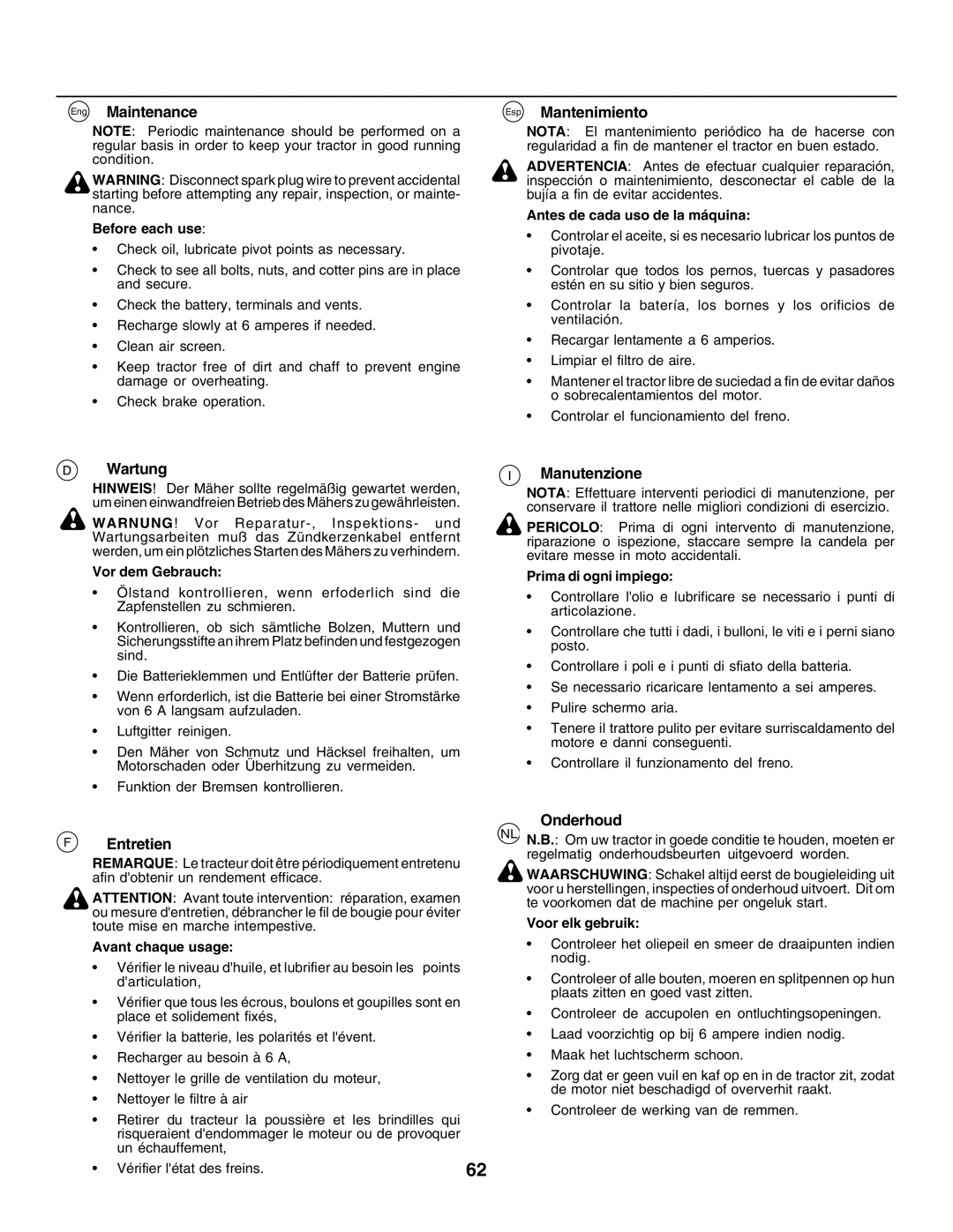 Husqvarna CTH155 instruction manual Eng Maintenance, Esp Mantenimiento, Wartung, Manutenzione, Onderhoud, Entretien 