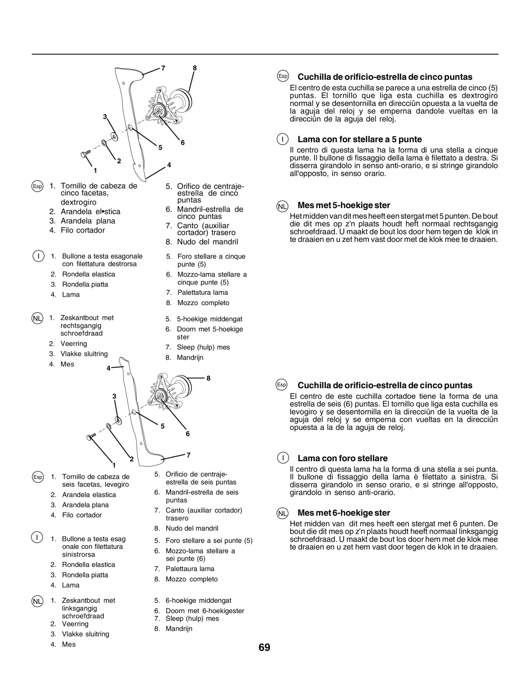 Husqvarna CTH155 instruction manual Esp Cuchilla de orificio-estrella de cinco puntas, Lama con for stellare a 5 punte 