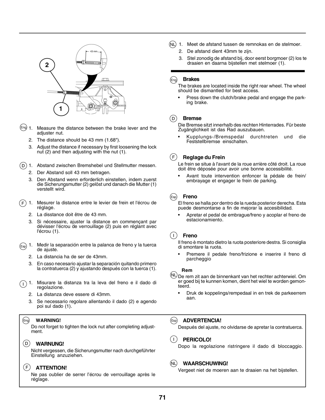 Husqvarna CTH155 instruction manual Eng Brakes, Bremse, Reglage du Frein, Esp Freno 