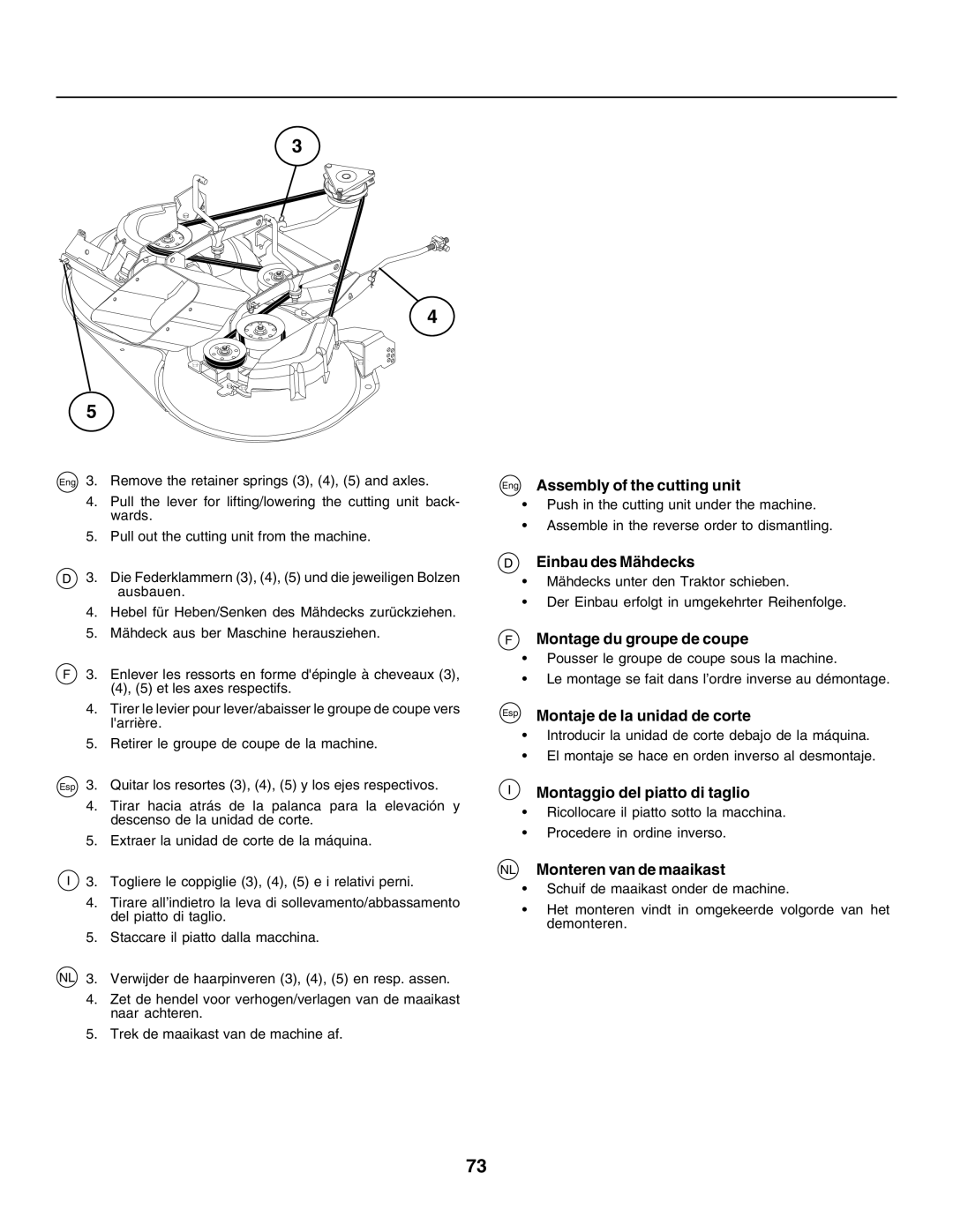 Husqvarna CTH155 instruction manual Eng Assembly of the cutting unit, Einbau des Mähdecks, Montage du groupe de coupe 