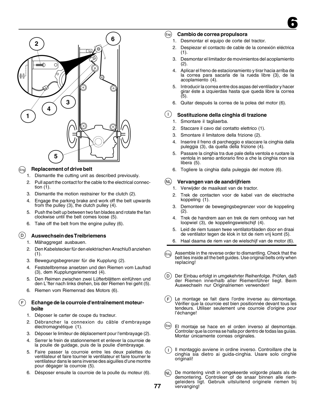 Husqvarna CTH155 Eng Replacement of drive belt, Auswechsein des Treibriemens, Echange de la courroie dentraînement moteur 