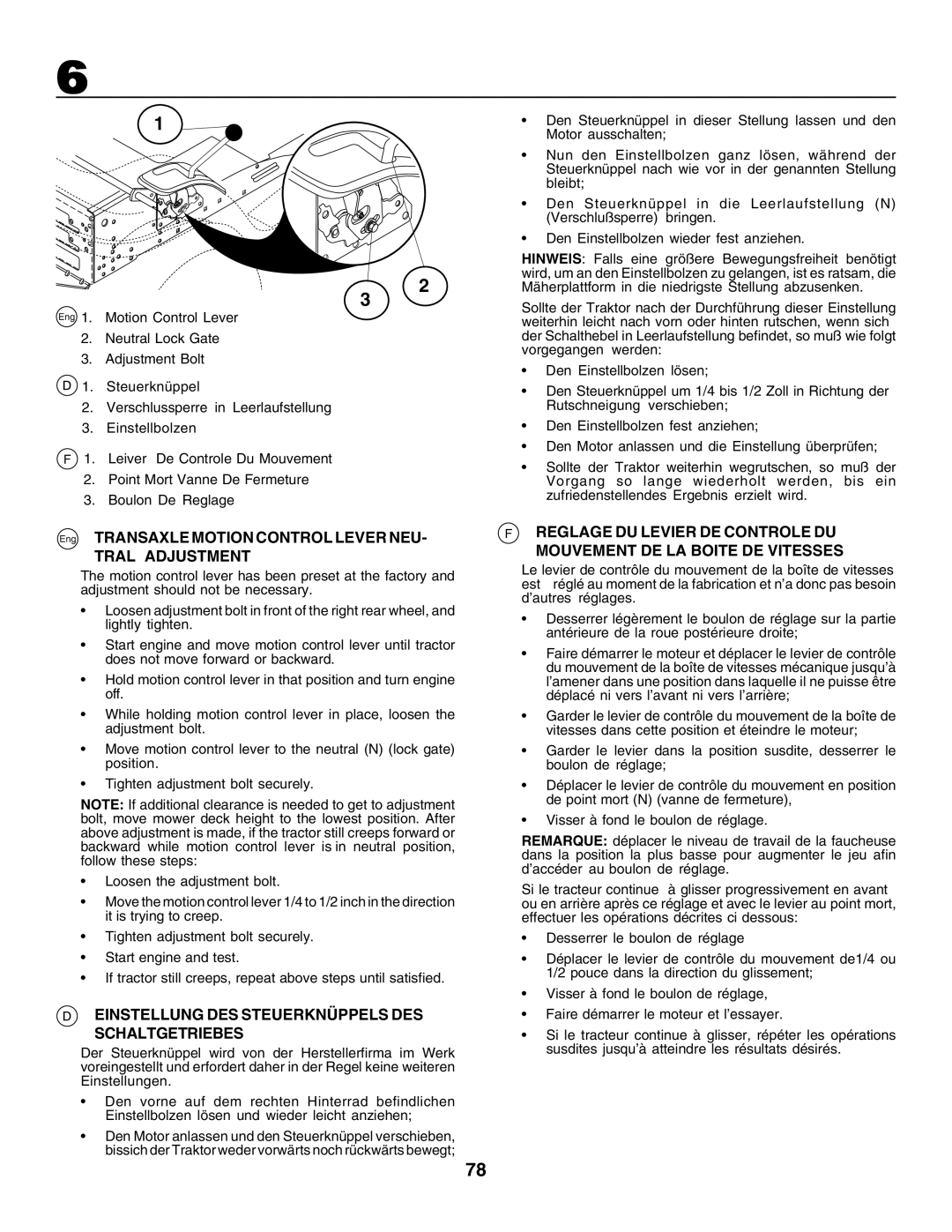 Husqvarna CTH155 instruction manual Eng Transaxle Motion Control Lever NEU, Tral Adjustment 