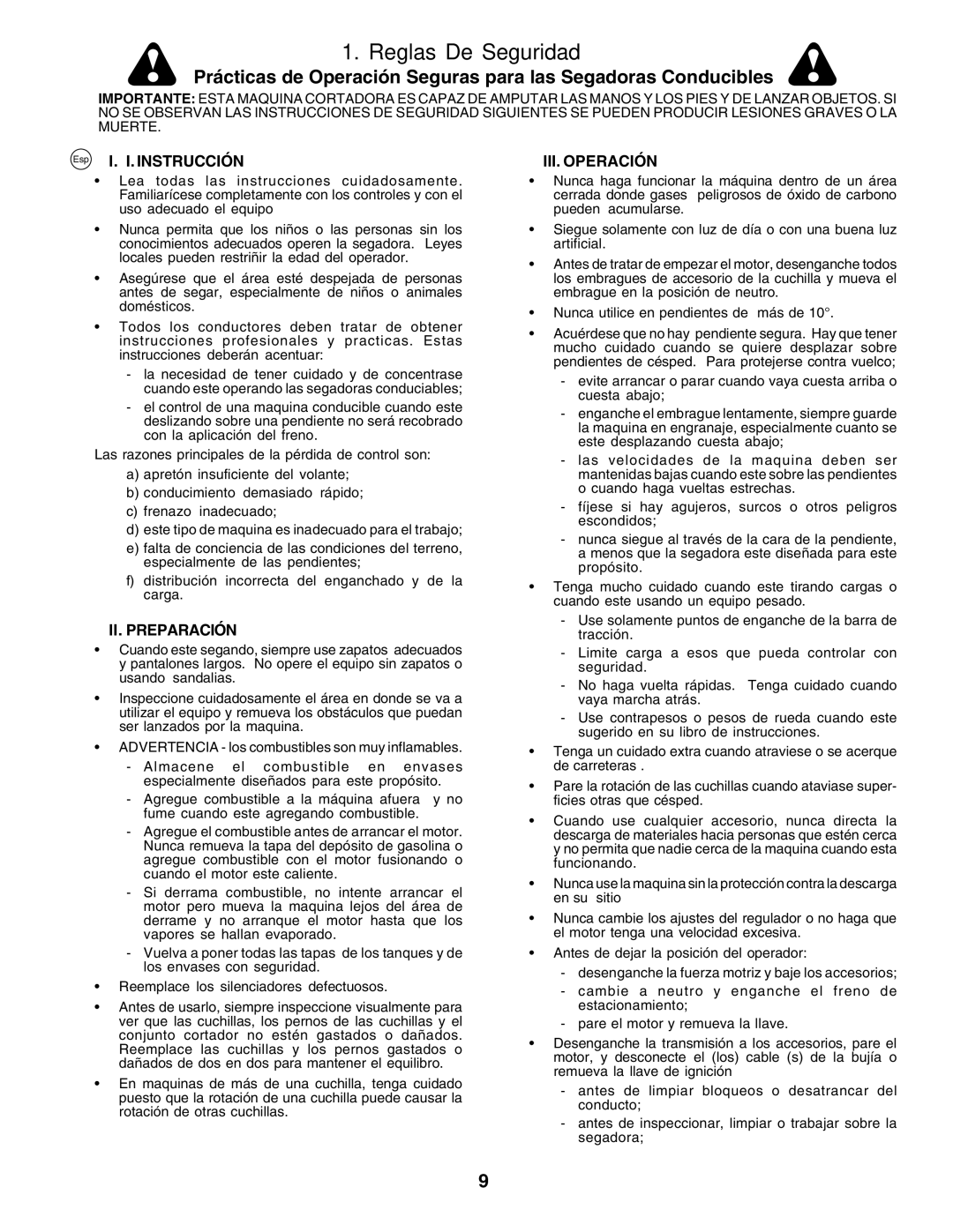 Husqvarna CTH155 instruction manual Reglas De Seguridad, Instrucción, II. Preparación, III. Operación 