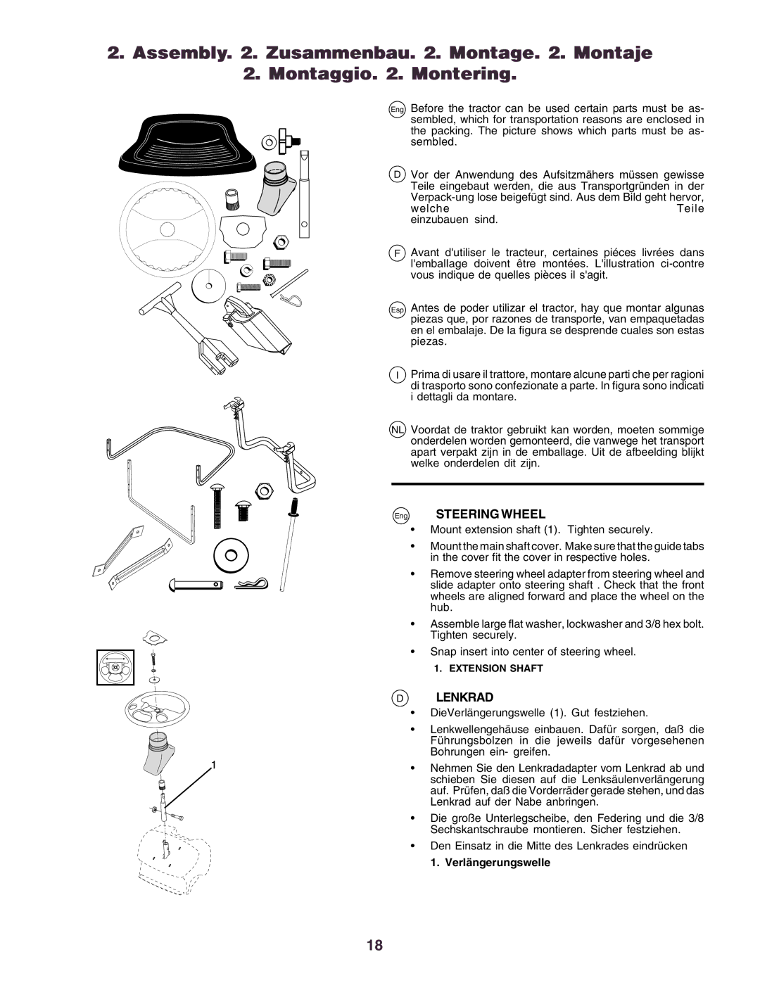 Husqvarna CTH160II instruction manual Eng Steering Wheel, Lenkrad, Verlängerungswelle 