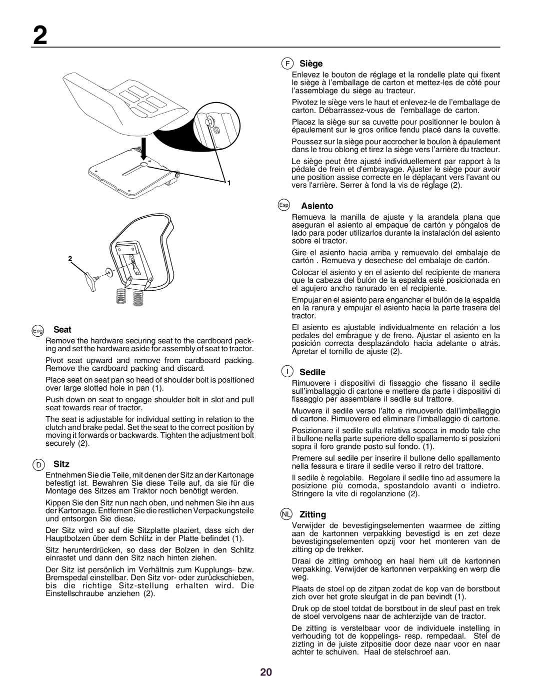 Husqvarna CTH160II instruction manual Sitz, Siège, Esp Asiento, Sedile, NL Zitting 