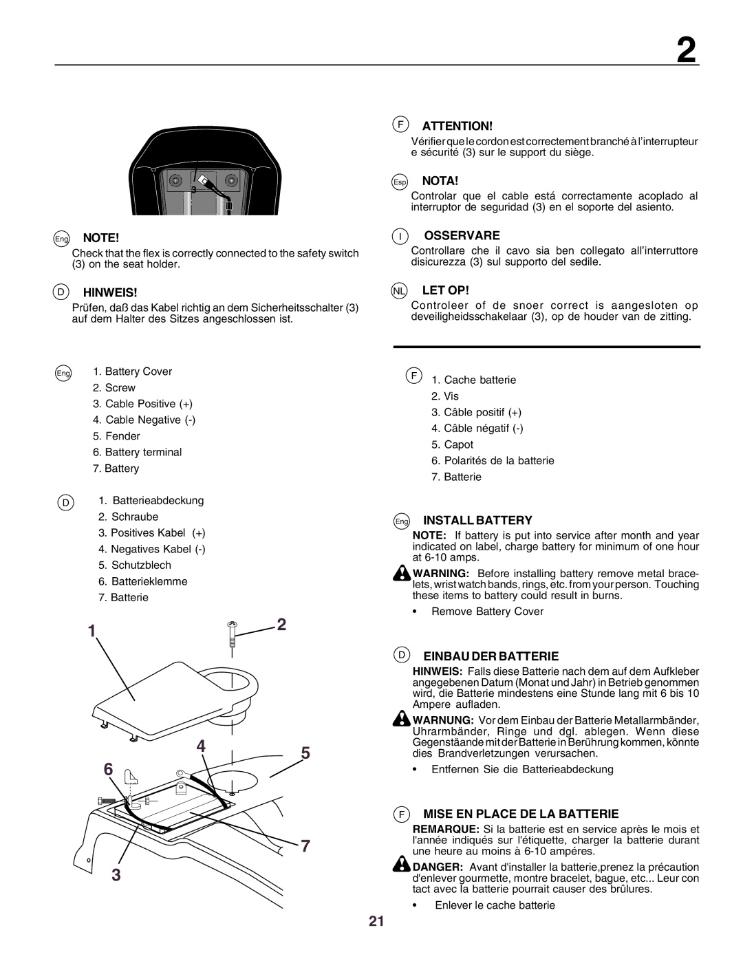 Husqvarna CTH160II instruction manual Hinweis, Osservare, Nl Let Op, Einbau DER Batterie, Mise EN Place DE LA Batterie 