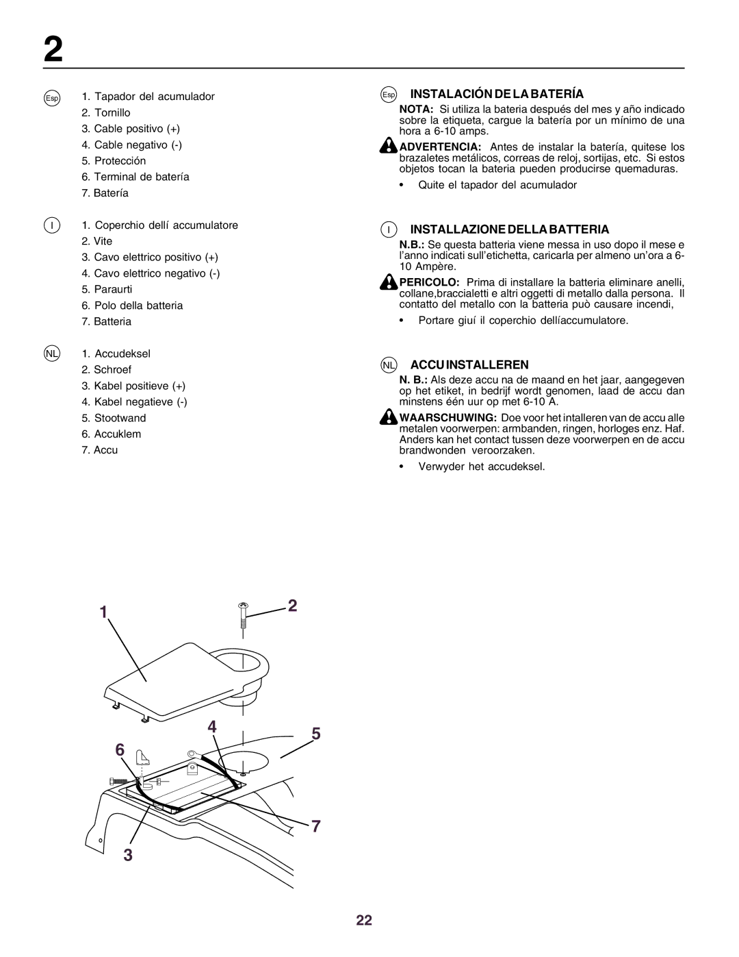 Husqvarna CTH160II instruction manual Esp Instalación DE LA Batería, Installazione Della Batteria, NL Accu Installeren 