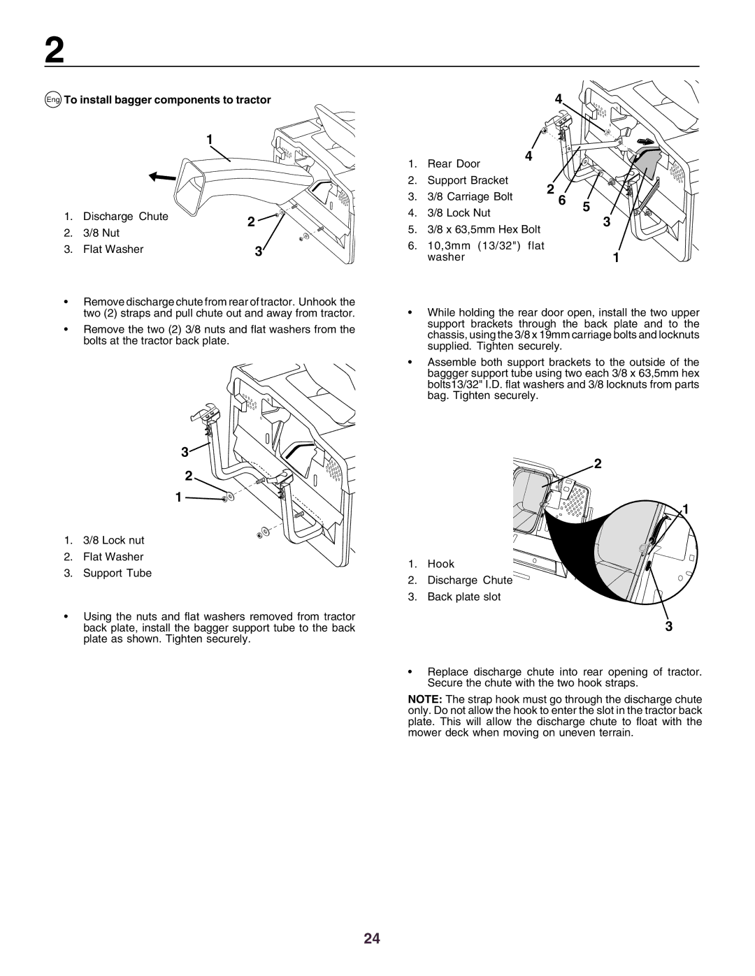 Husqvarna CTH160II instruction manual Eng To install bagger components to tractor, Discharge Chute Nut Flat Washer 