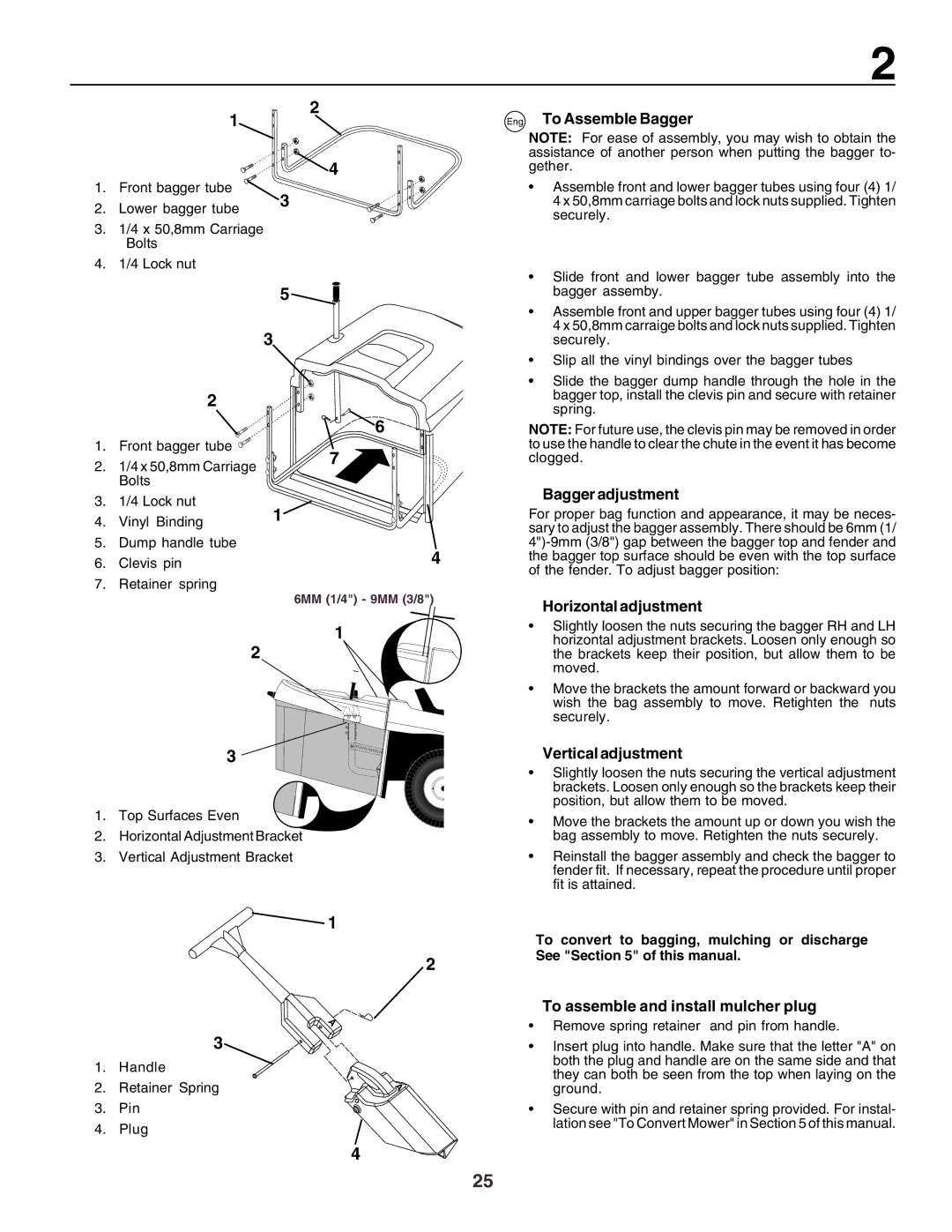 Husqvarna CTH160II instruction manual Eng To Assemble Bagger, Bagger adjustment, Horizontal adjustment, Vertical adjustment 