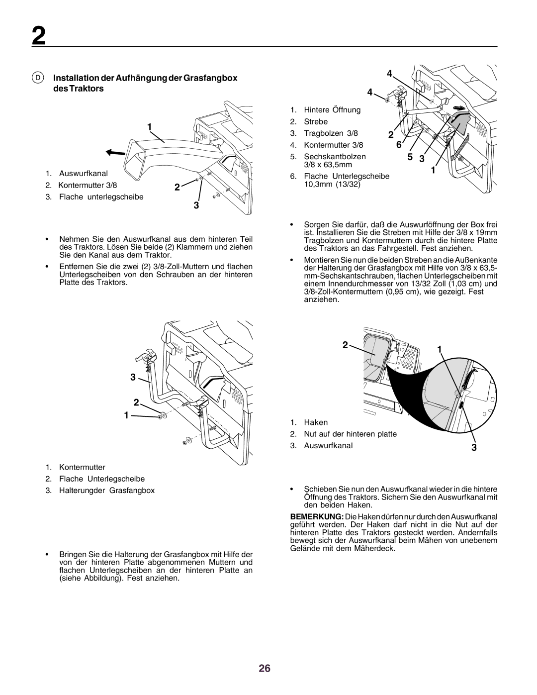 Husqvarna CTH160II instruction manual Installation der Aufhängung der Grasfangbox des Traktors 