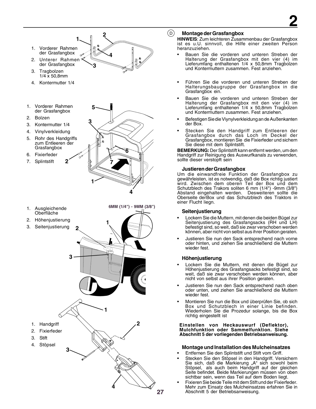 Husqvarna CTH160II instruction manual Montage der Grasfangbox, Justieren der Grasfangbox, Seitenjustierung, Höhenjustierung 