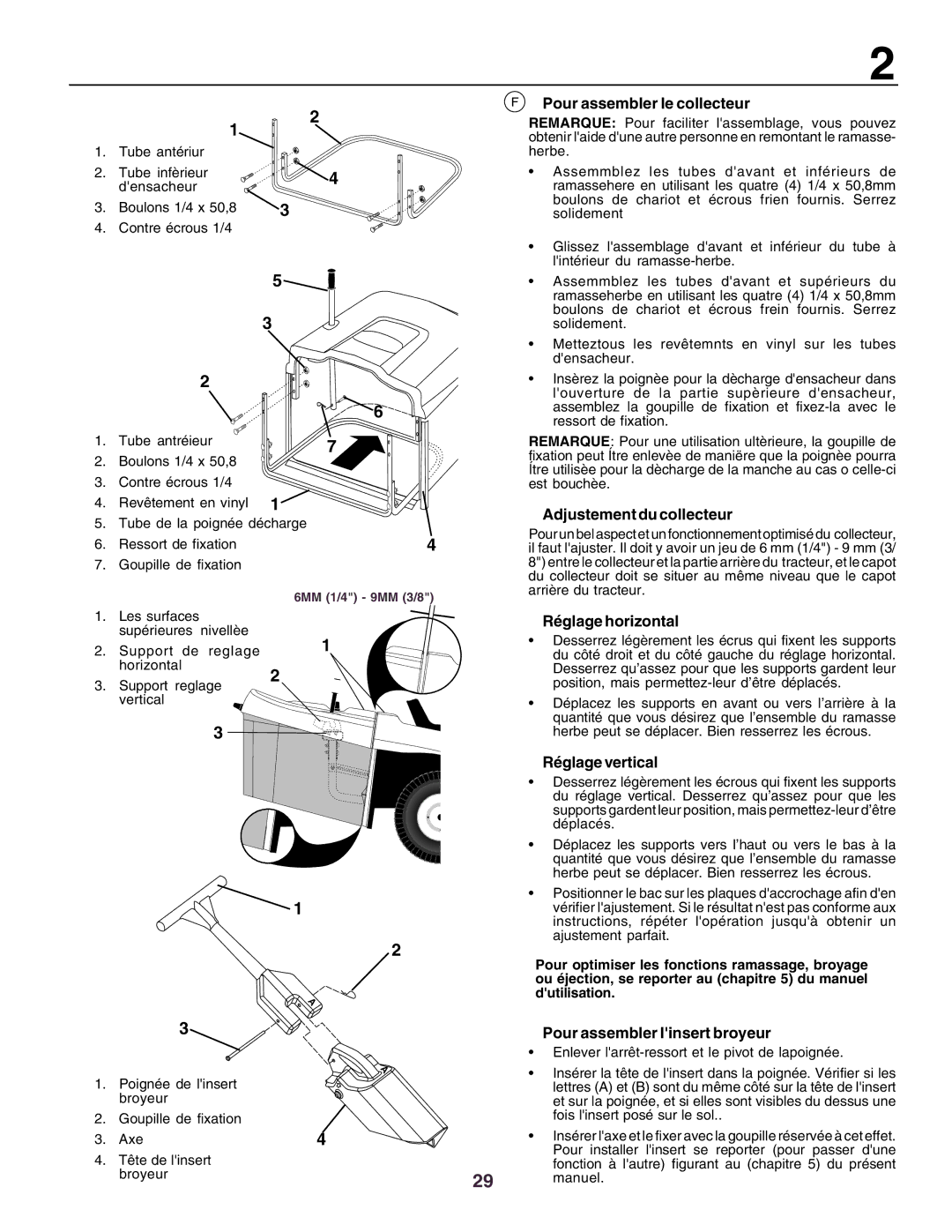 Husqvarna CTH160II Pour assembler le collecteur, Adjustement du collecteur, Réglage horizontal, Réglage vertical 