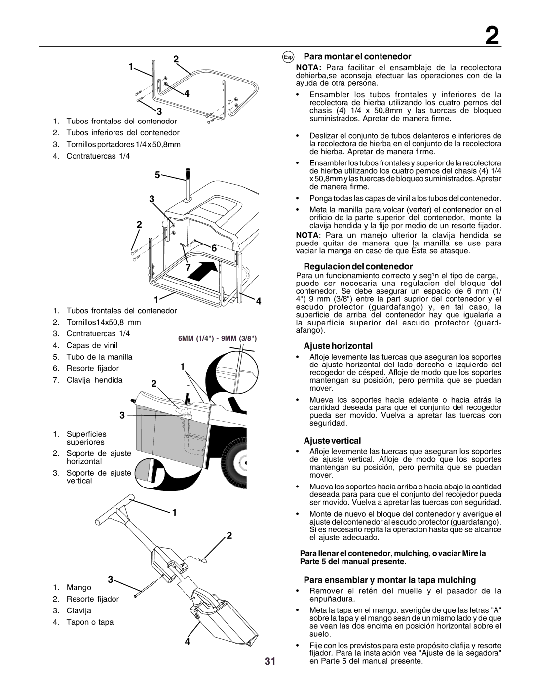 Husqvarna CTH160II Esp Para montar el contenedor, Regulacion del contenedor, Ajuste horizontal, Ajuste vertical 