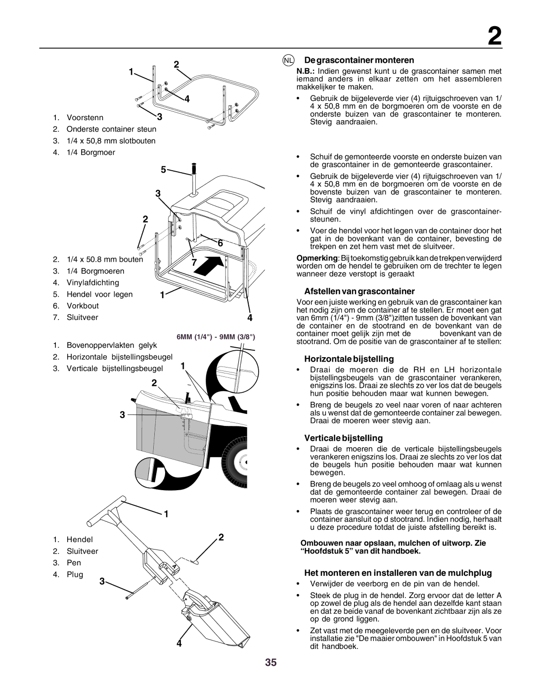 Husqvarna CTH160II instruction manual NL De grascontainer monteren, Afstellen van grascontainer, Horizontale bijstelling 