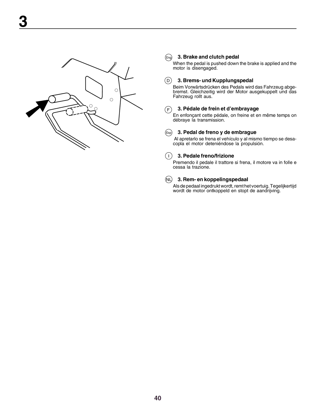 Husqvarna CTH160II Eng 3. Brake and clutch pedal, Brems- und Kupplungspedal, Pédale de frein et d’embrayage 