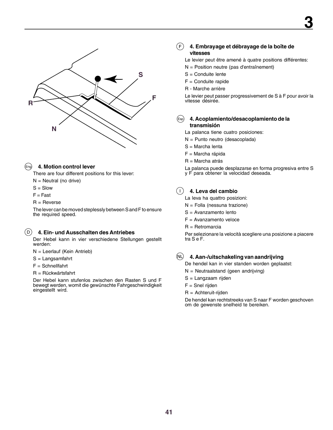 Husqvarna CTH160II instruction manual Eng 4. Motion control lever, Ein- und Ausschalten des Antriebes, Leva del cambio 